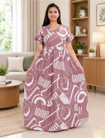 Blue Abstract Print Rayon Long Frock with Frill Sleeves and Stylish Neck | Mangai Nighties