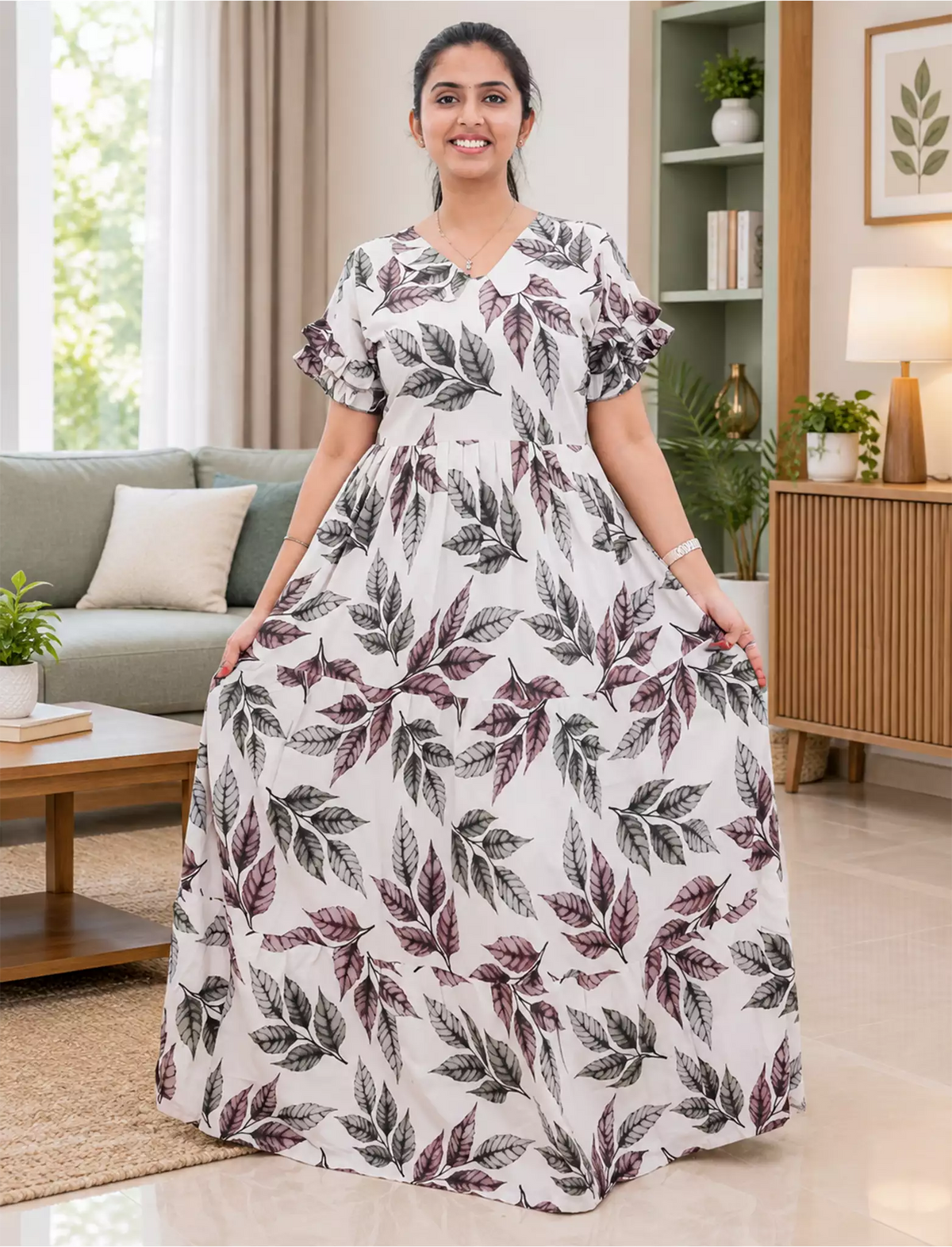 Cream Rayon Leaf Printed Long Frock with Pocket & Back Tie | Mangai Nighties