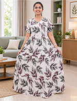 Cream Rayon Leaf Printed Long Frock with Pocket & Back Tie | Mangai Nighties