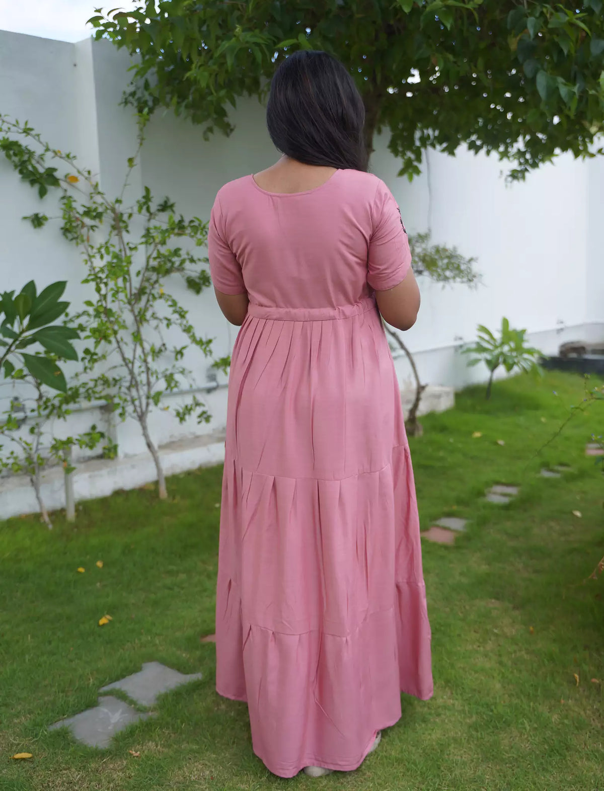 Tencel Plain Embroidery Full Frock with Front Gathering - Mangai Nighties