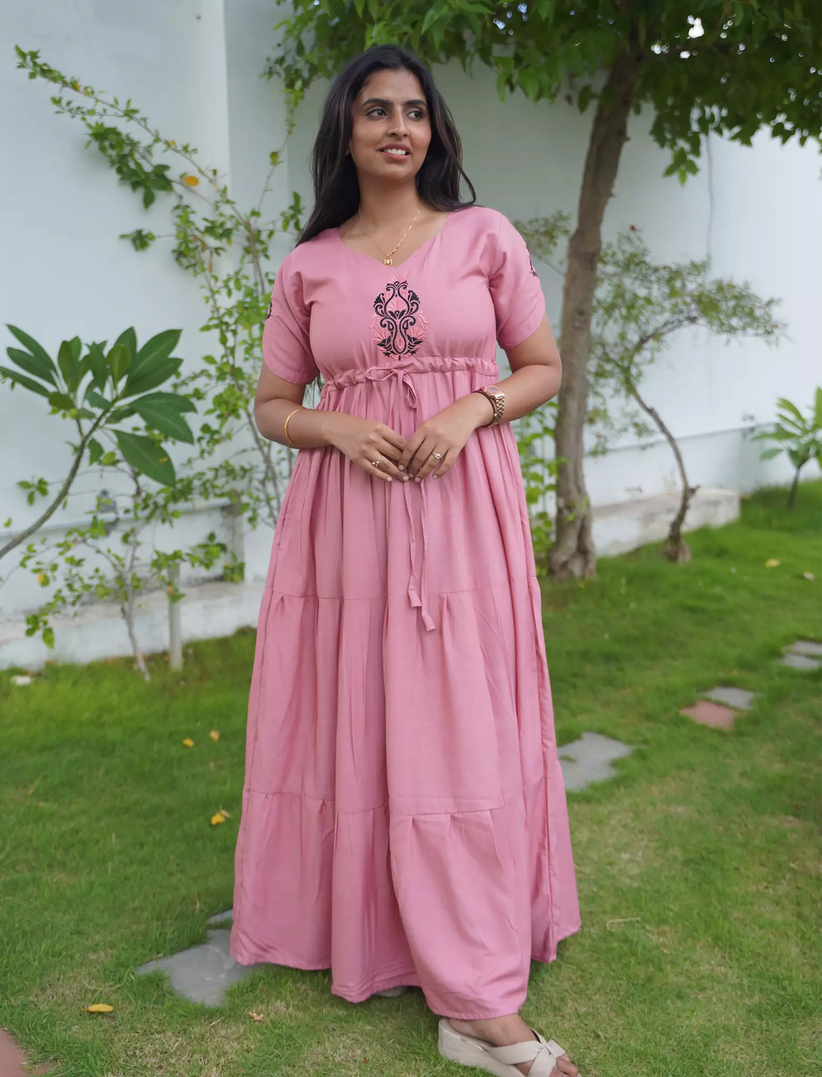Tencel Plain Embroidery Full Frock with Front Gathering - Mangai Nighties