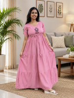 Tencel Plain Embroidery Full Frock with Front Gathering - Mangai Nighties