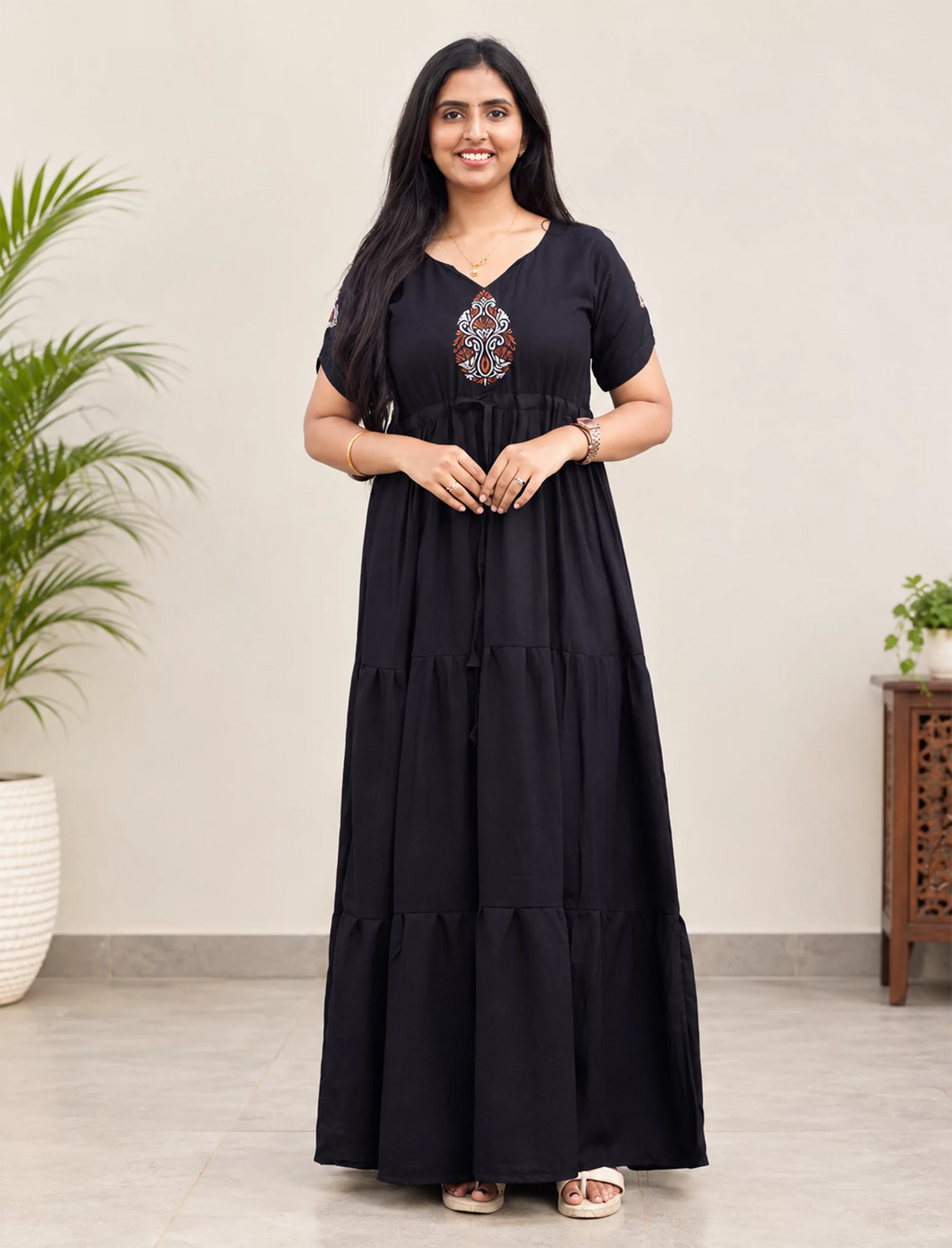 Tencel Plain Embroidery Full Frock with Front Gathering - Mangai Nighties