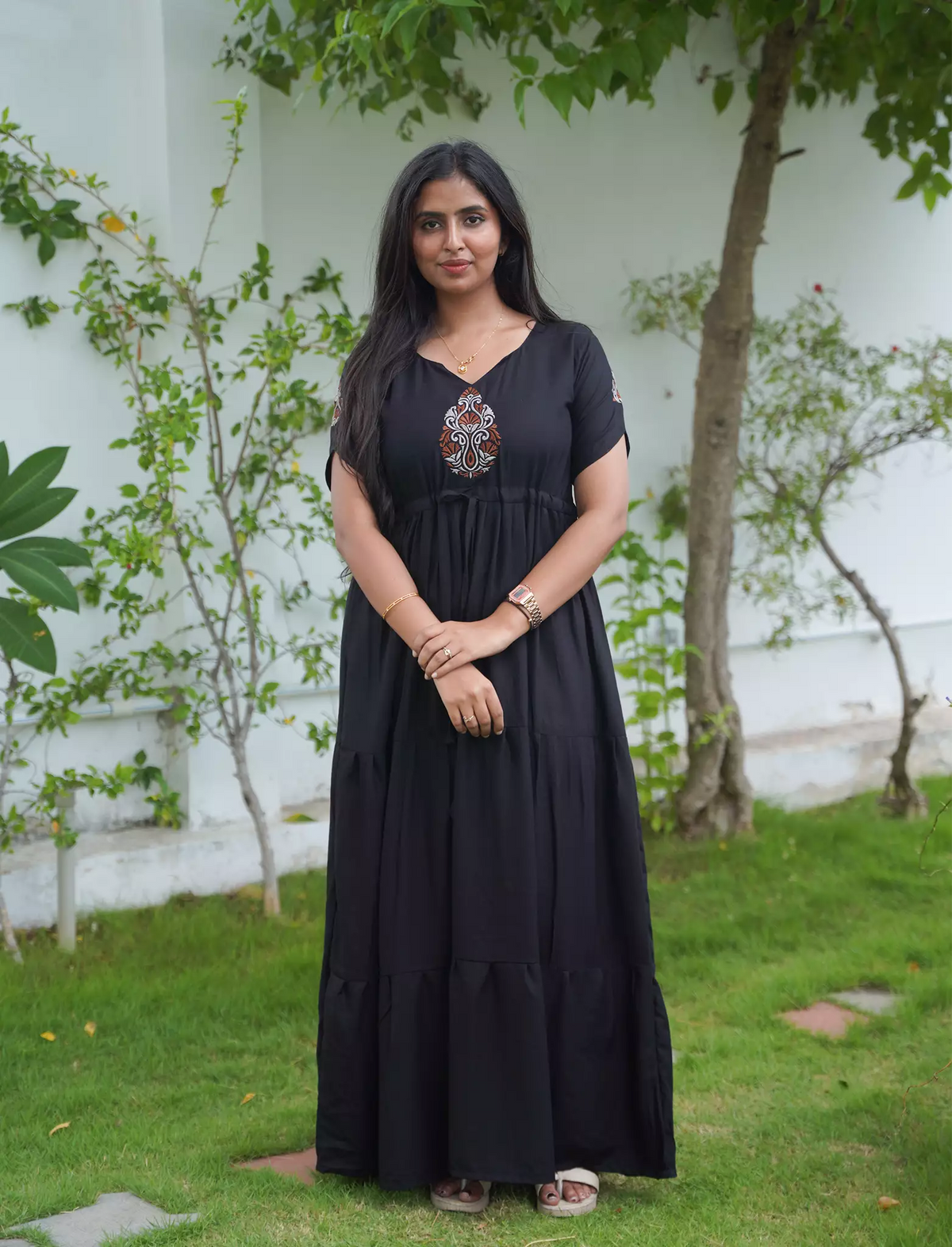 Tencel Plain Embroidery Full Frock with Front Gathering - Mangai Nighties