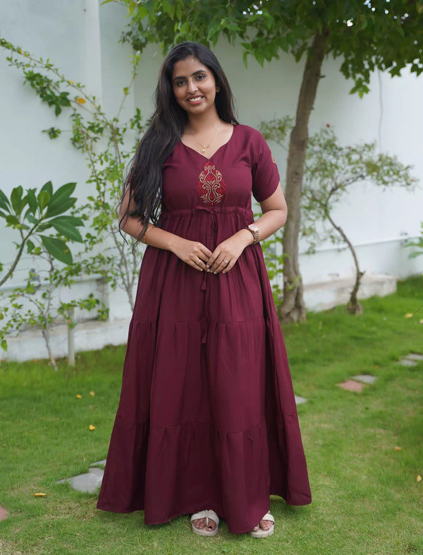 Tencel Plain Embroidery Full Frock with Front Gathering - Mangai Nighties