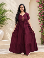 Tencel Plain Embroidery Full Frock with Front Gathering - Mangai Nighties