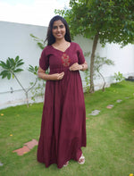 Tencel Plain Embroidery Full Frock with Front Gathering - Mangai Nighties