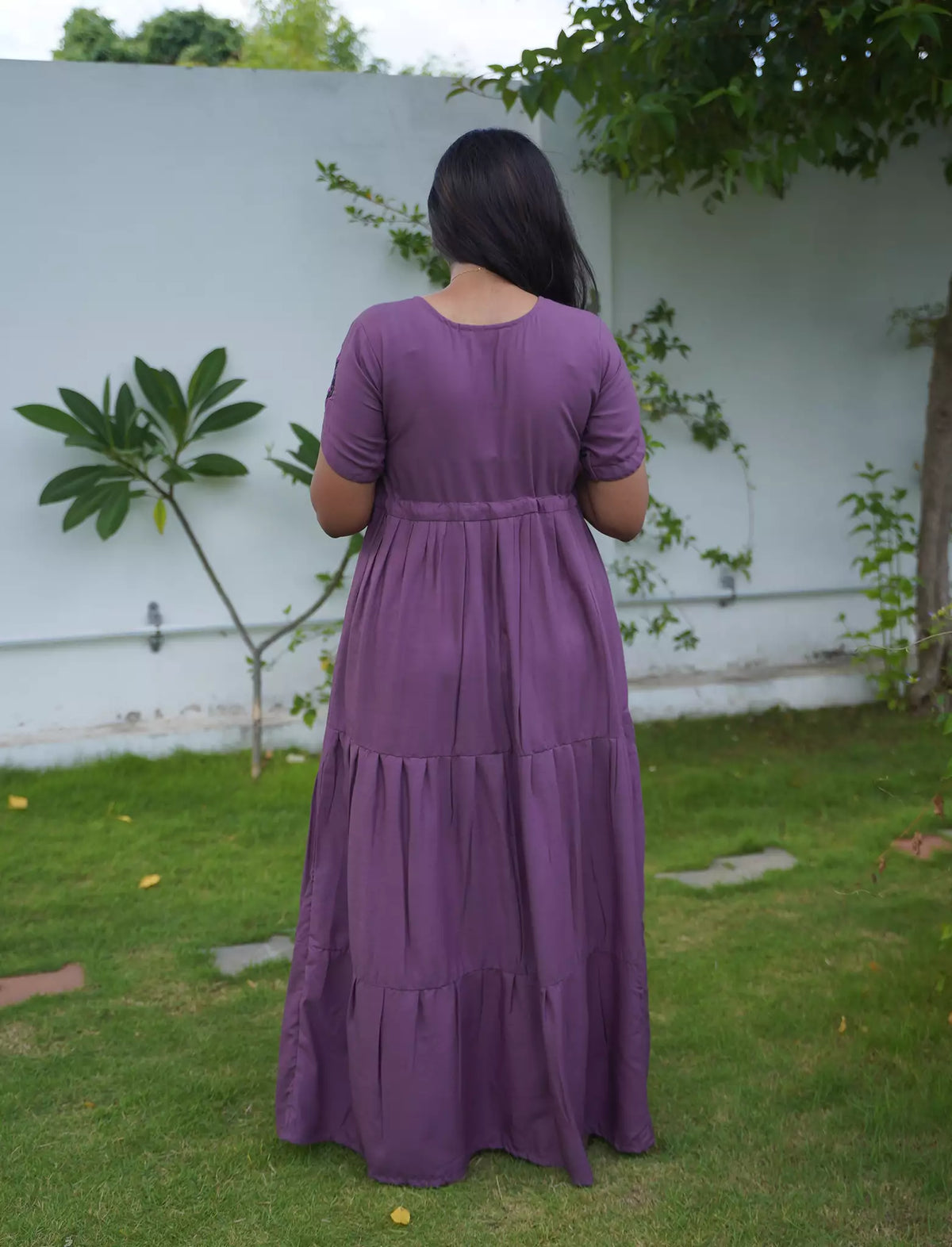 Tencel Plain Embroidery Full Frock with Front Gathering - Mangai Nighties