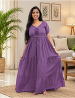 Tencel Plain Embroidery Full Frock with Front Gathering - Mangai Nighties