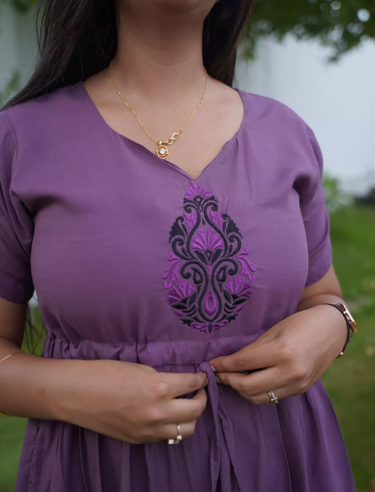 Tencel Plain Embroidery Full Frock with Front Gathering - Mangai Nighties