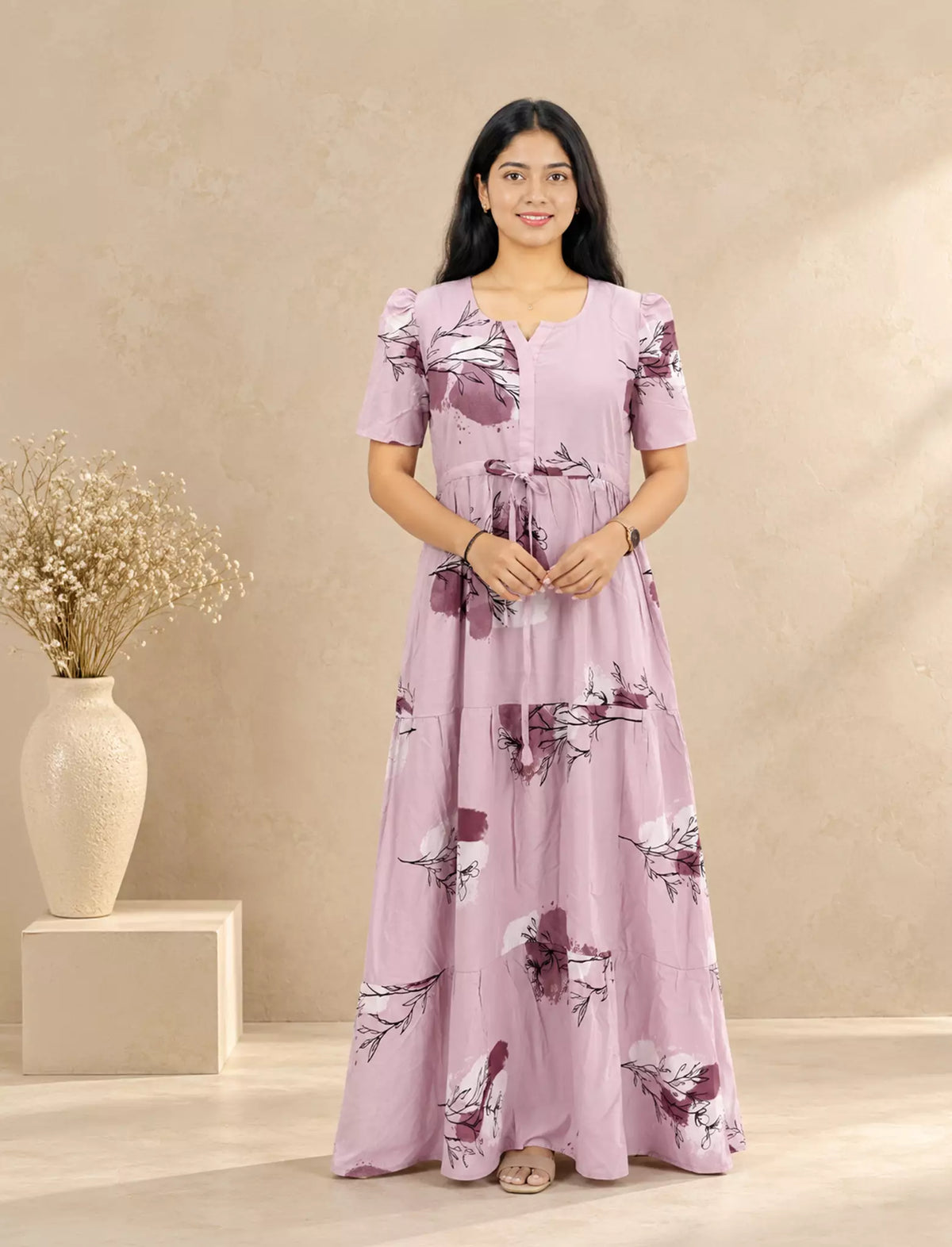 Rayon Floral Print Rayon Puff Sleeve Gathering Frock | Mangai Nighties