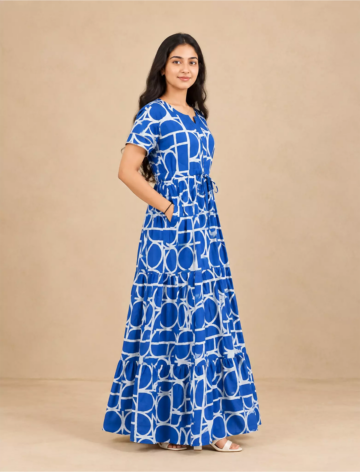 Rayon Geometric Print Front Gathering Full Frock with Layer Sleeve - Mangai Nighties