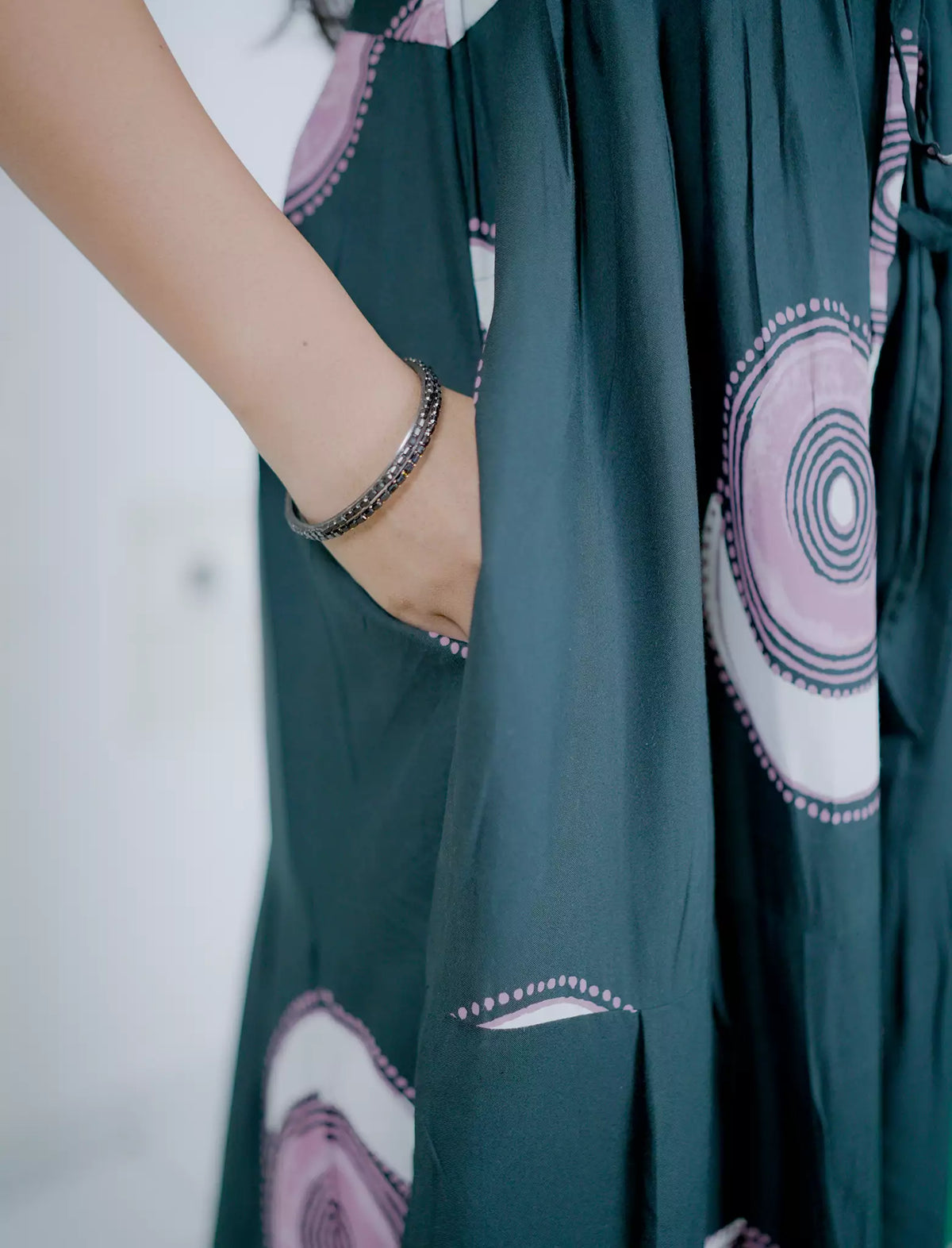 Rayon Abstract Circle Print Gathering Frock with Puff Sleeve | Mangai Nighties