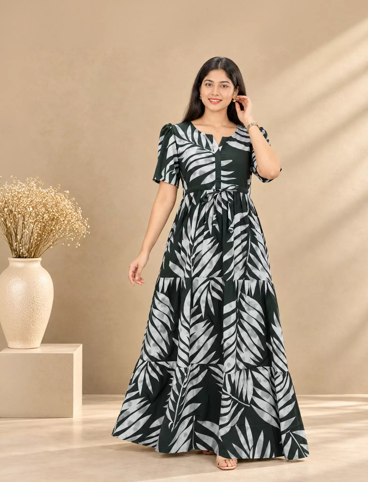 Rayon Leaf Print Rayon Puff Sleeve Gathering Frock with Front Tie | Mangai Nighties
