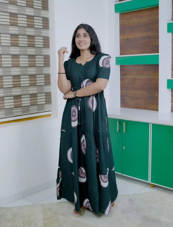 Rayon Abstract Circle Print Gathering Frock with Puff Sleeve | Mangai Nighties