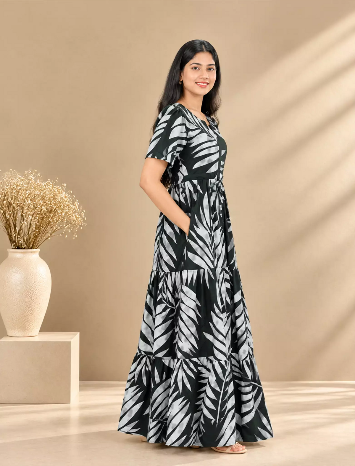 Rayon Leaf Print Rayon Puff Sleeve Gathering Frock with Front Tie | Mangai Nighties