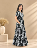 Rayon Leaf Print Rayon Puff Sleeve Gathering Frock with Front Tie | Mangai Nighties