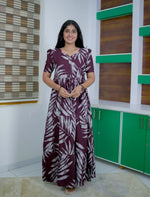Rayon Leaf Print Rayon Puff Sleeve Gathering Frock with Front Tie | Mangai Nighties