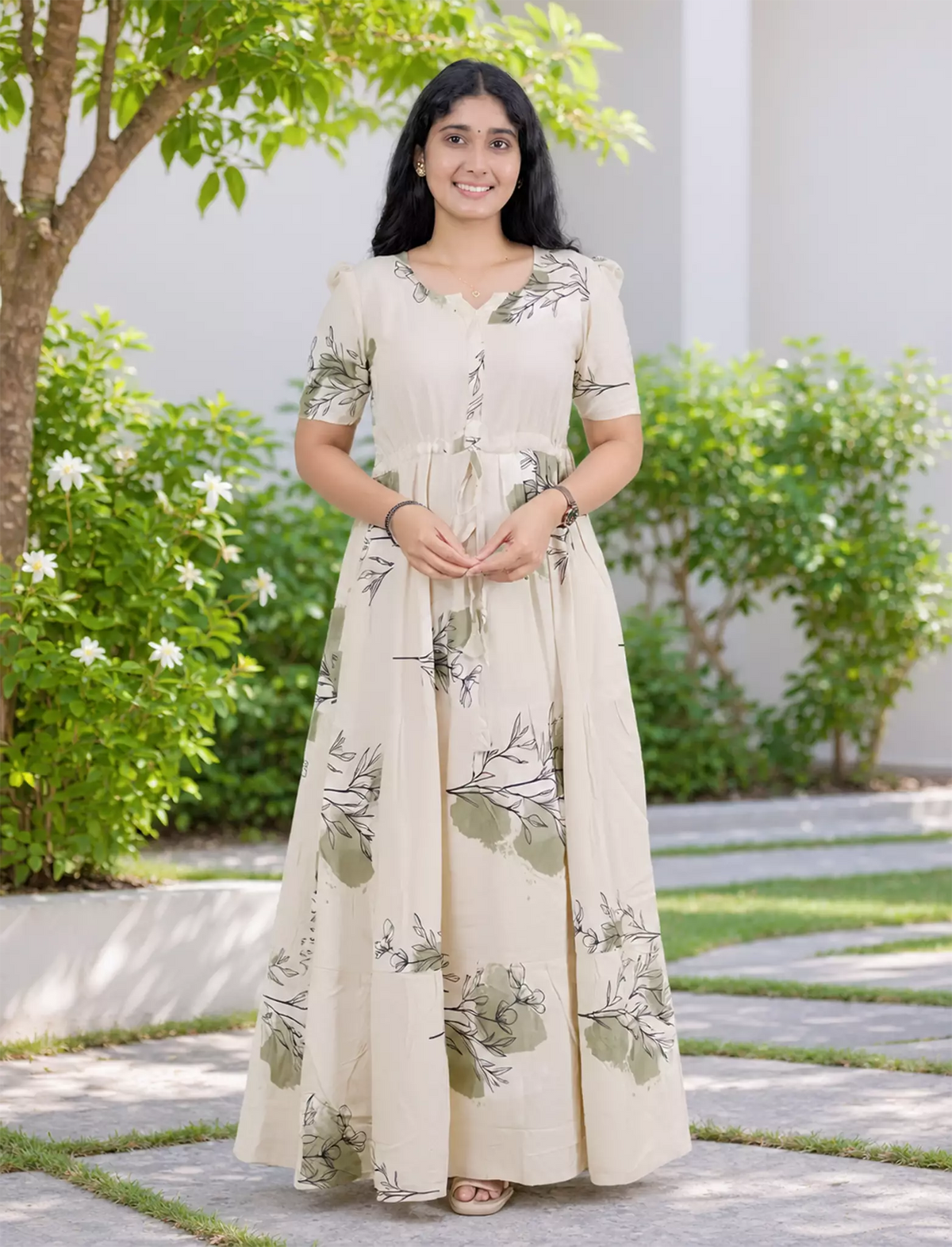 Rayon Floral Print Rayon Puff Sleeve Gathering Frock | Mangai Nighties
