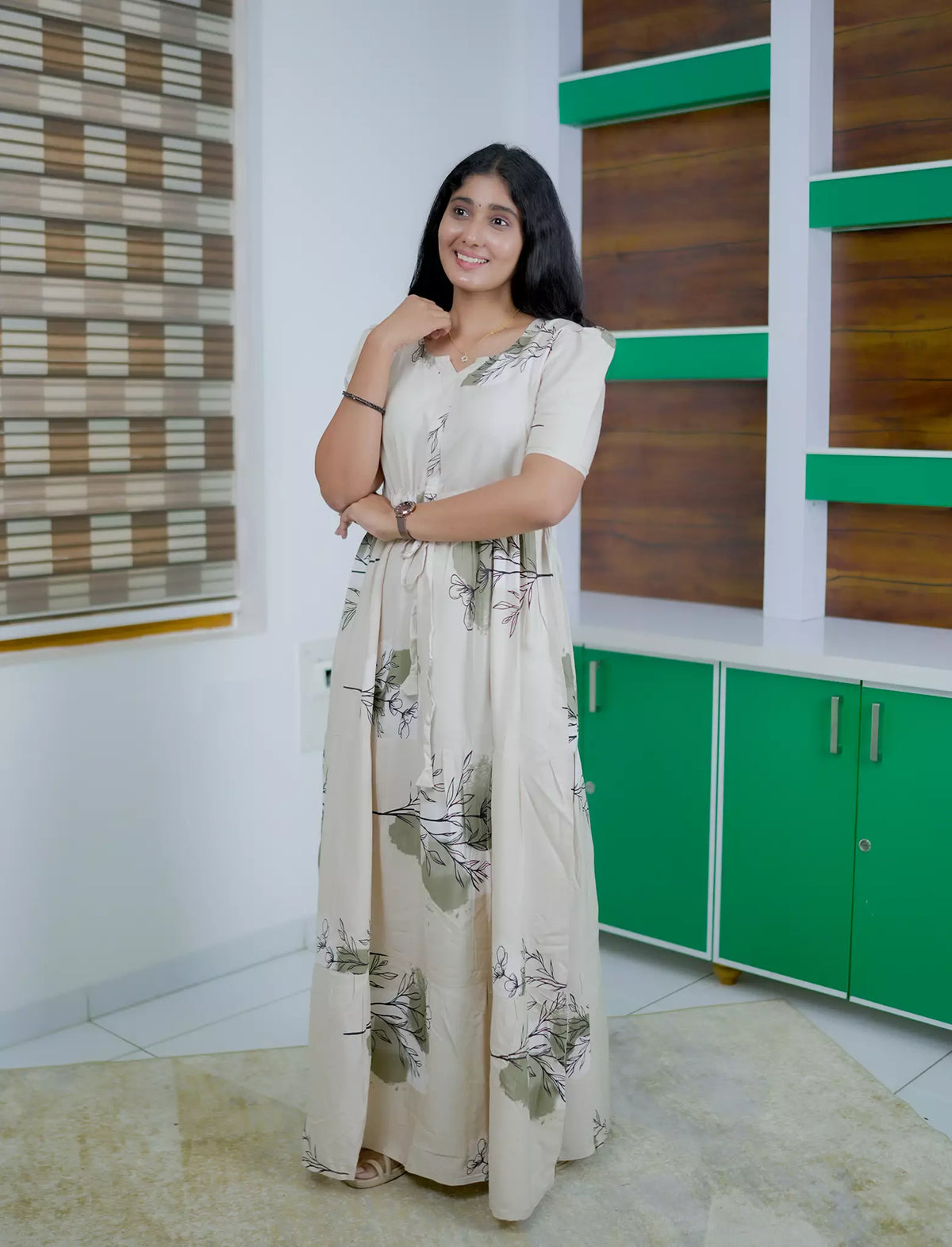Rayon Floral Print Rayon Puff Sleeve Gathering Frock | Mangai Nighties