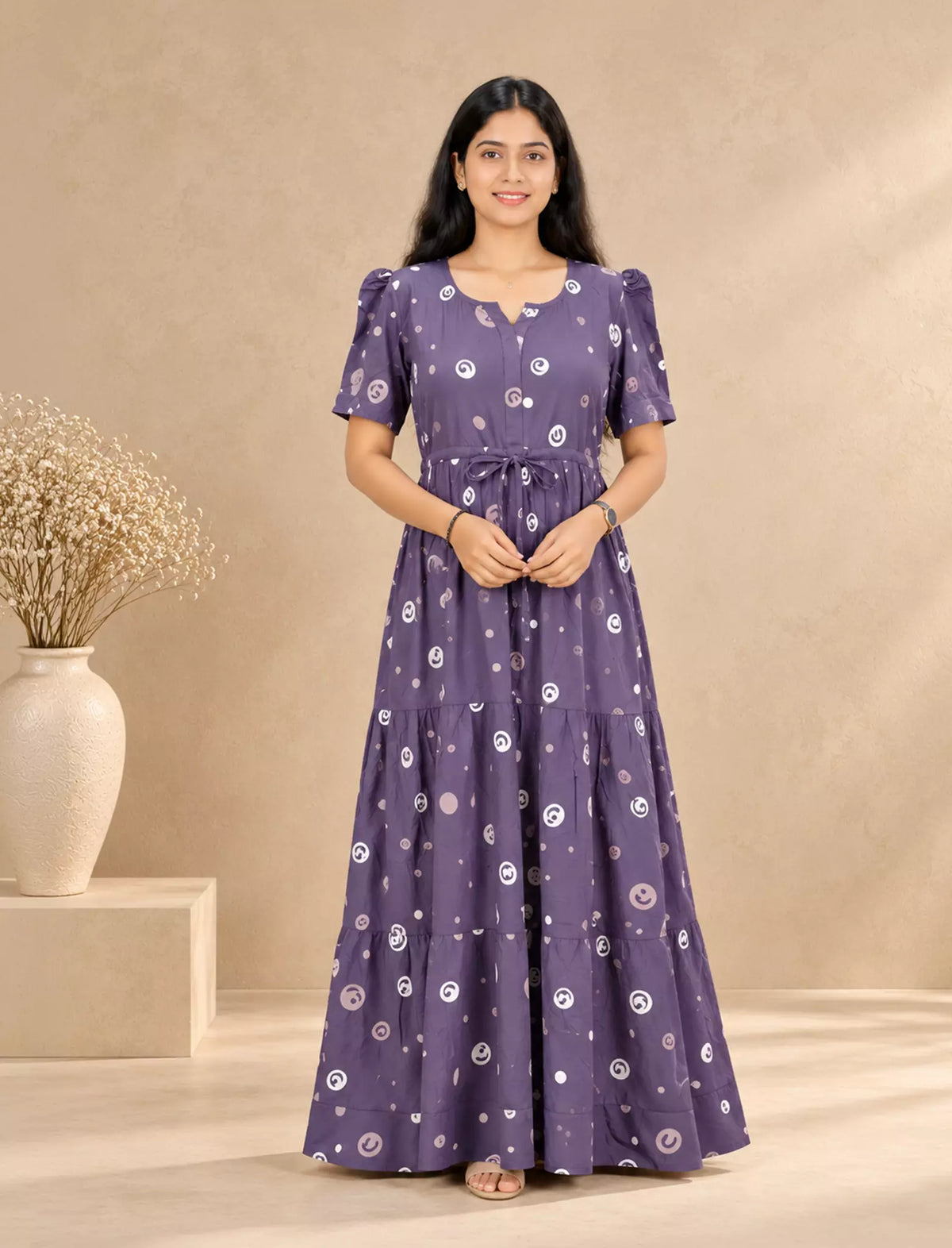 RayonAbstractCircle Print Front Gathering Rope Puff Sleeve Frock | Mangai Nighties