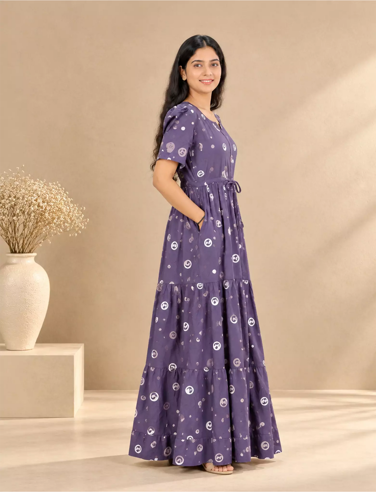 RayonAbstractCircle Print Front Gathering Rope Puff Sleeve Frock | Mangai Nighties