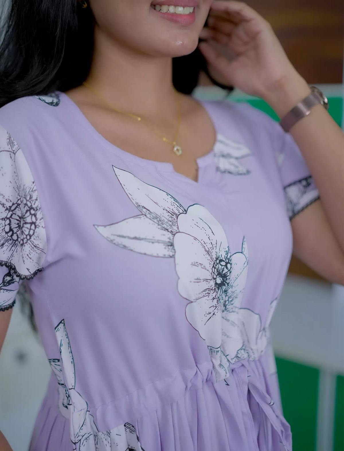 Rayon Floral Print Full Frock with Front Gathering Tie Rope - Mangai Nighties