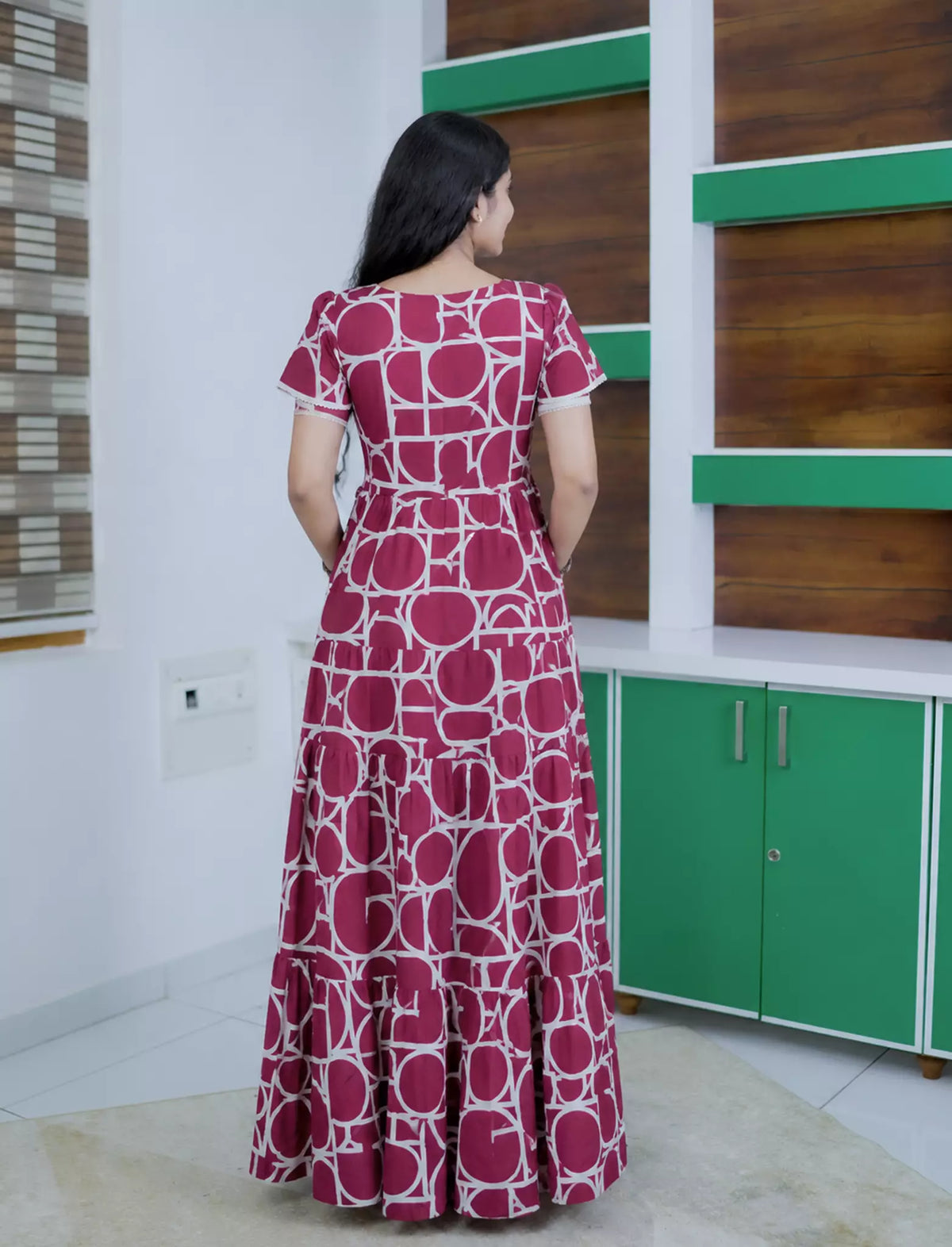Rayon Geometric Print Front Gathering Full Frock with Layer Sleeve - Mangai Nighties