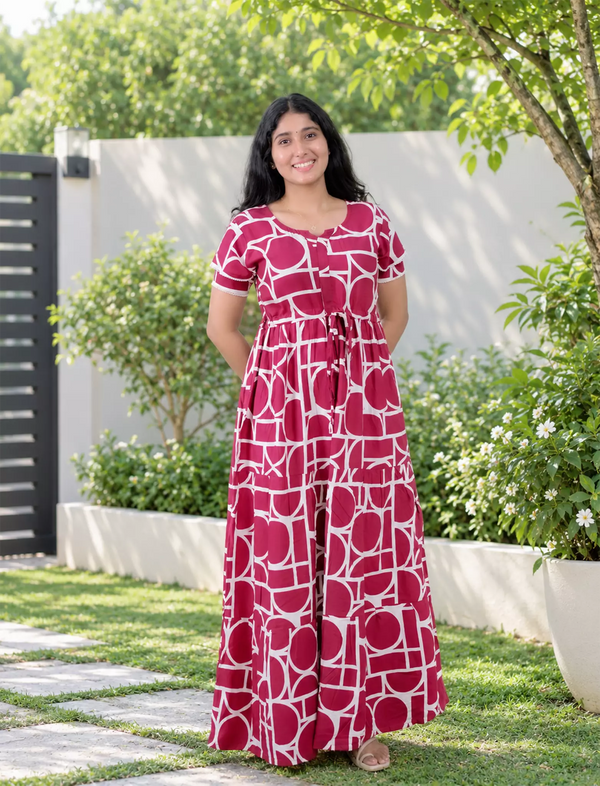 Rayon Geometric Print Front Gathering Full Frock with Layer Sleeve - Mangai Nighties