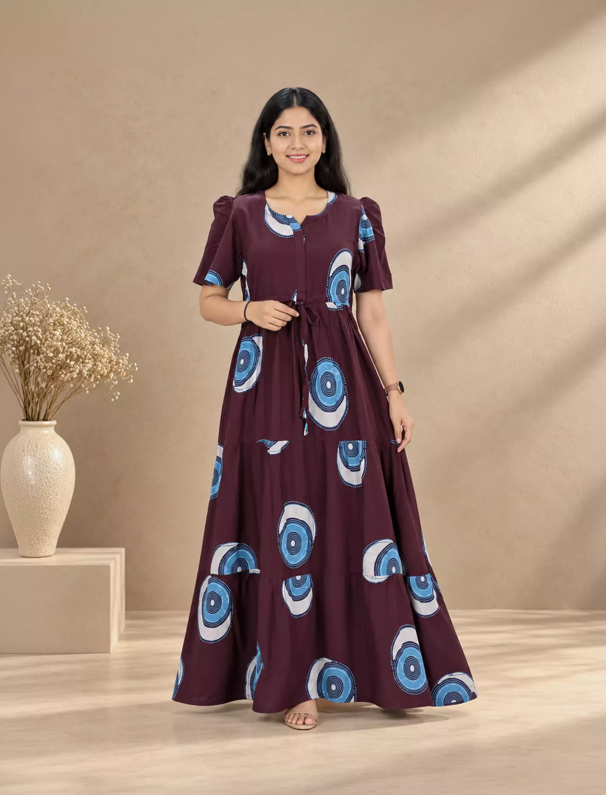 Rayon Abstract Circle Print Gathering Frock with Puff Sleeve | Mangai Nighties