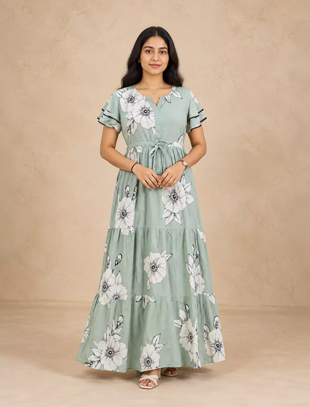 Rayon Floral Print Full Frock with Front Gathering Tie Rope - Mangai Nighties