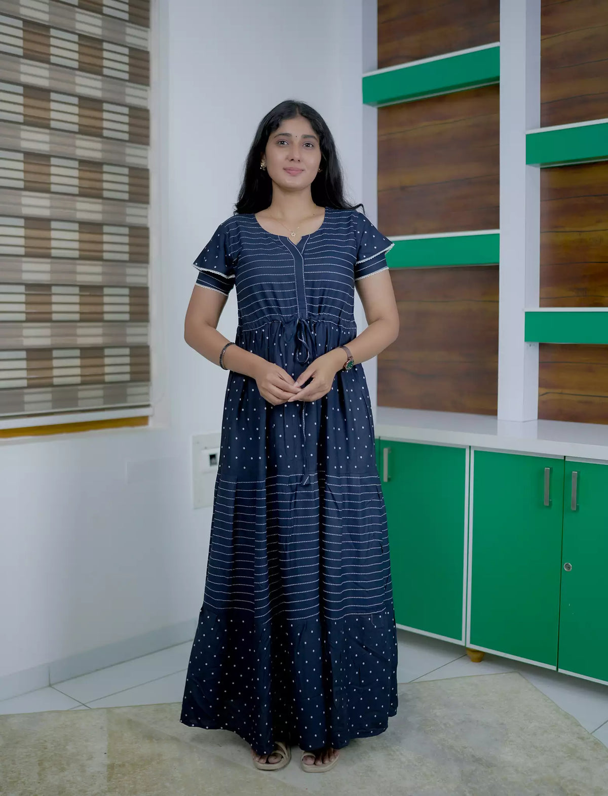 Rayon Stripe Dot Printed Full Frock with Layer Sleeves | Mangai Nighties