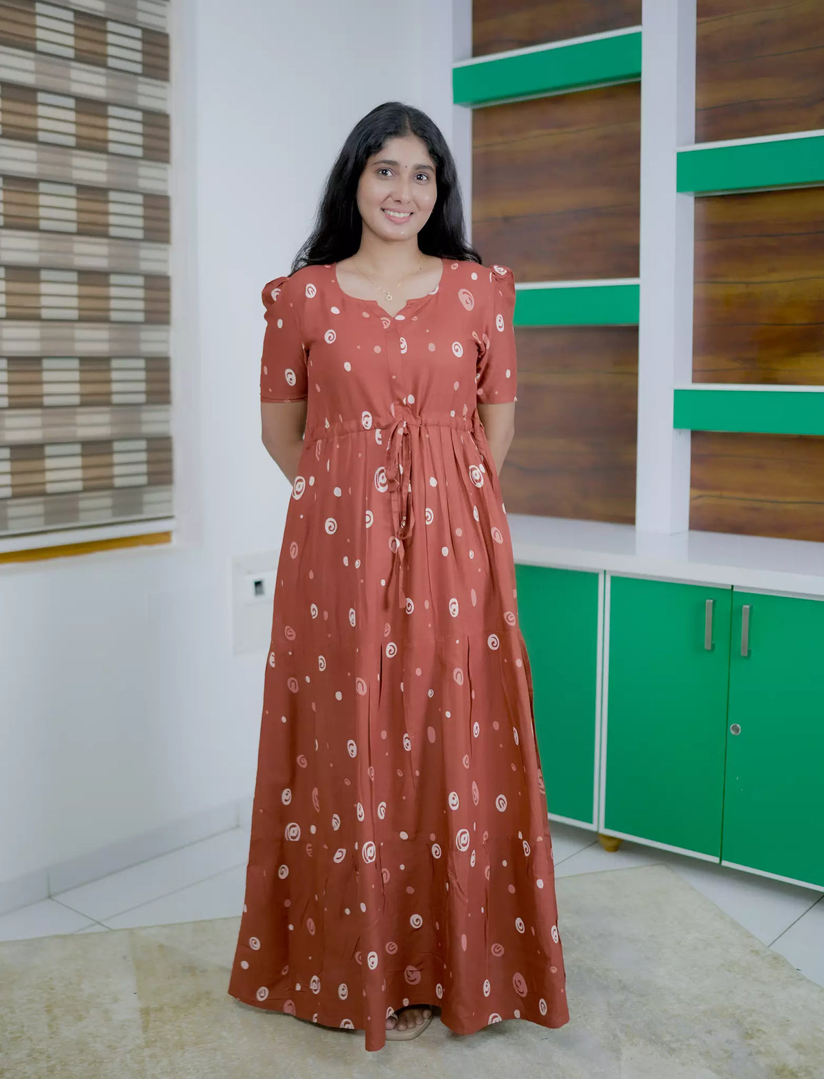 RayonAbstractCircle Print Front Gathering Rope Puff Sleeve Frock | Mangai Nighties