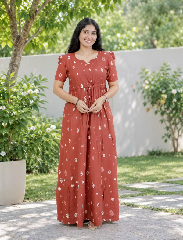 Rayon  Abstract  Circle Print Front Gathering Rope Puff Sleeve Frock | Mangai Nighties