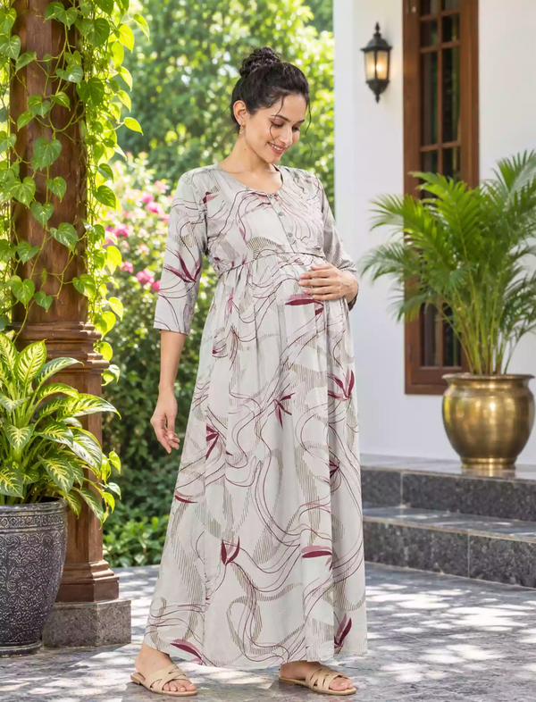 Geometric Circle Print Maternity Feeding Long Frock with Invisible Zipper