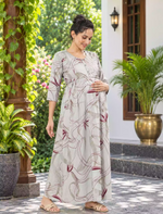 Geometric Circle Print Maternity Feeding Long Frock with Invisible Zipper