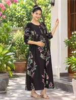 Leaf Print Maternity Feeding Frock with Dual Feeding Zipper - Mangai Nighties