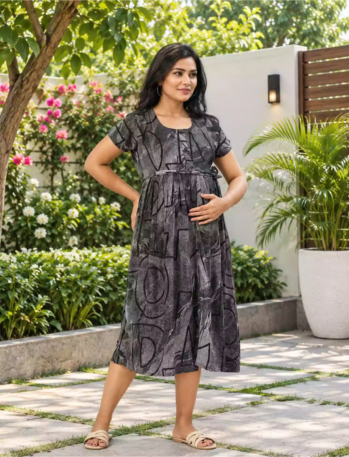 Abstract Print Rayon Maternity Maxi with Feeding Zipper - Mangai Nighties
