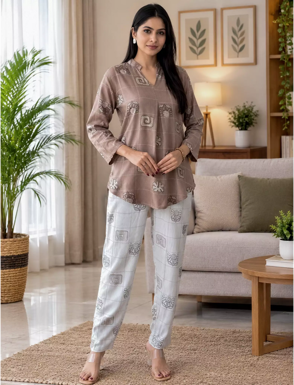 Brown Geometric Block Printed Rayon Co-Ord Set for Women - Mangai Nighties
