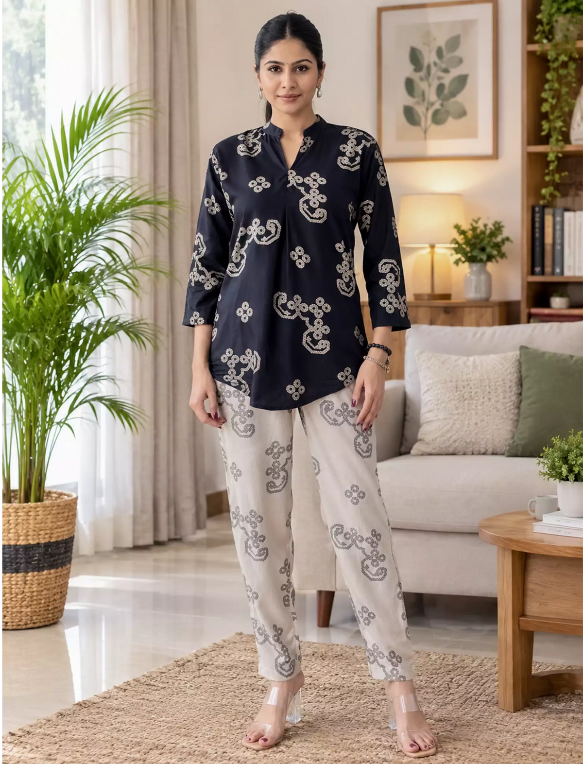 Black Ethnic Print Rayon Co-Ord Set for Women - Mangai Nighties