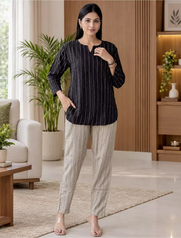 Black Stripe Print Rayon Co-Ord Set for Women Mangai Nighties