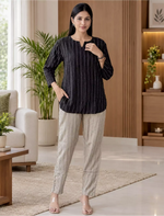 Black Stripe Print Rayon Co-Ord Set for Women Mangai Nighties