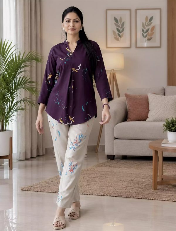 Brown Stylish Printed Co Ord Set with Pocket - Mangai Nighties