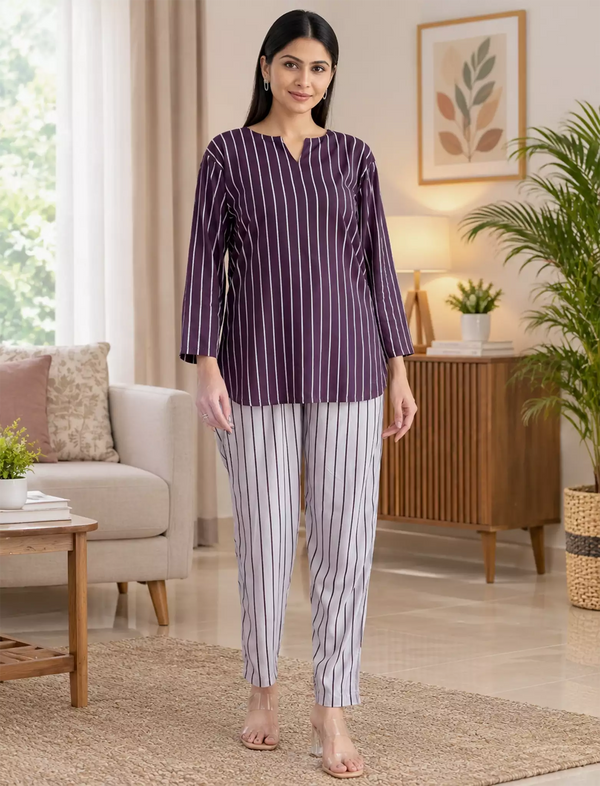 Brown Stripe Rayon Co-Ord Set for Women - Mangai Nighties