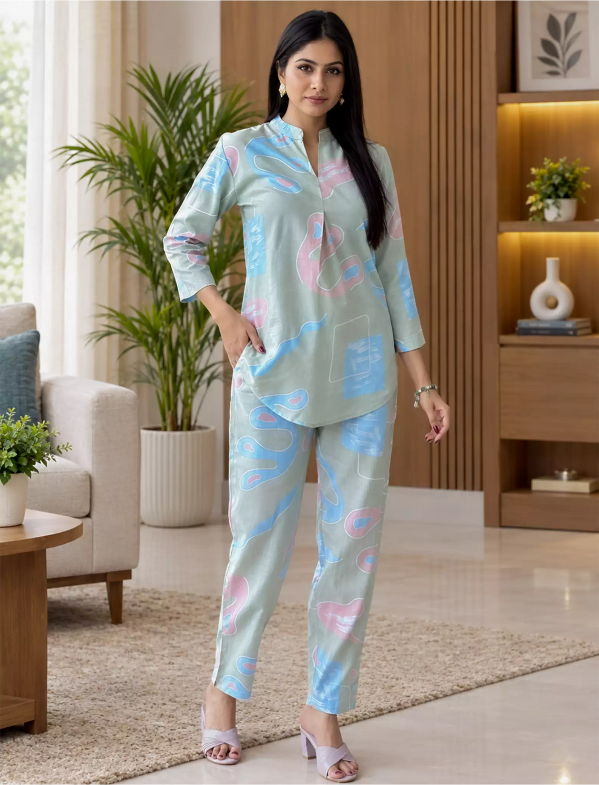 Sage Abstract Print Rayon Co-Ord Set for Women - Mangai Nighties