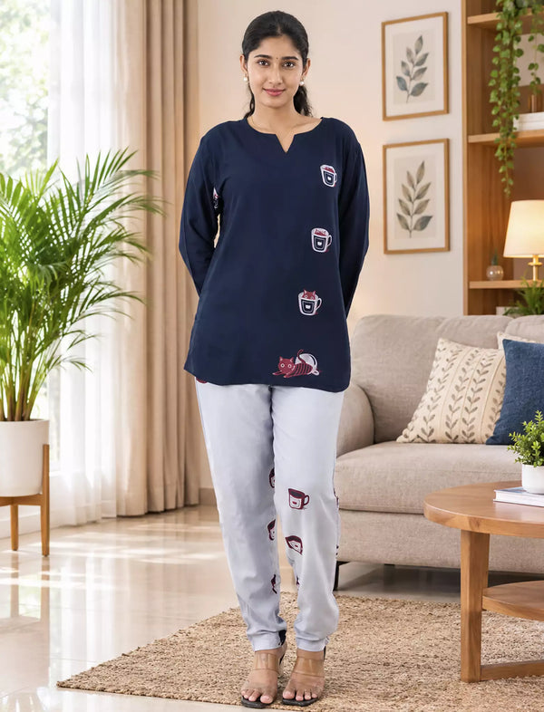 Navy Coffee Cup Print Rayon Co-Ord Set - Mangai Nighties
