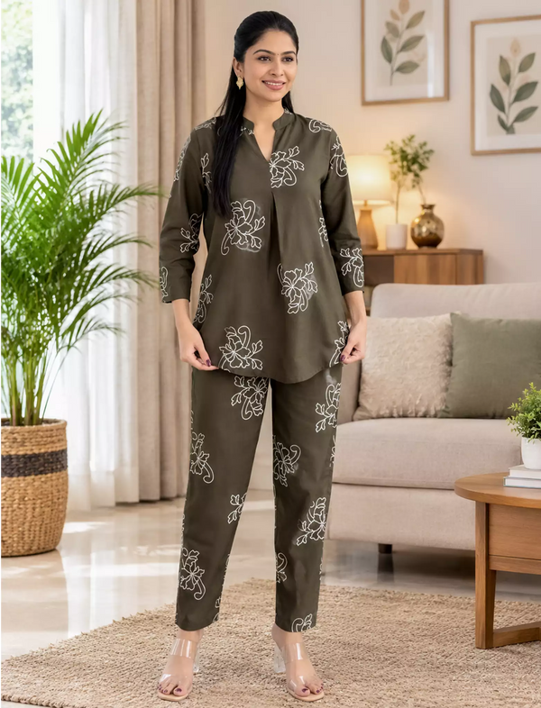 Olive Floral Print Rayon Co-Ord Set for Women - Mangai Nighties