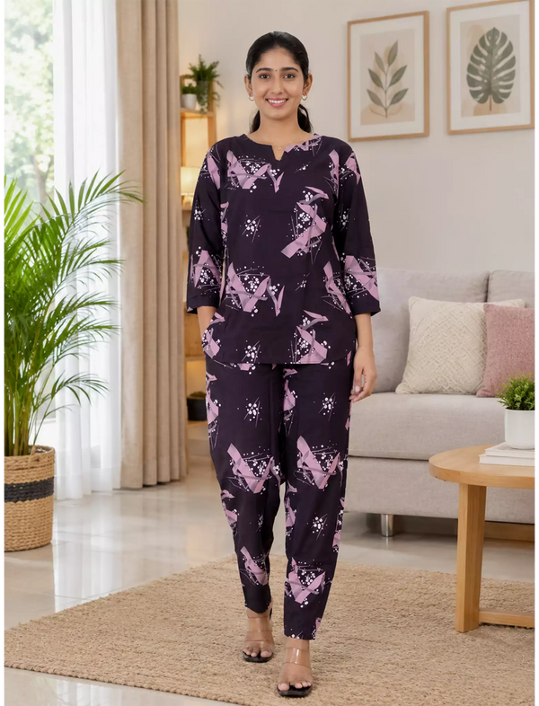 Purple Abstract Print Rayon Co-Ord Set - Mangai Nighties