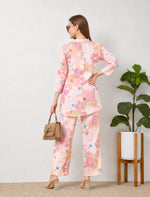 Peach Floral Rayon Co-Ord Set with Pocket - Mangai Nighties