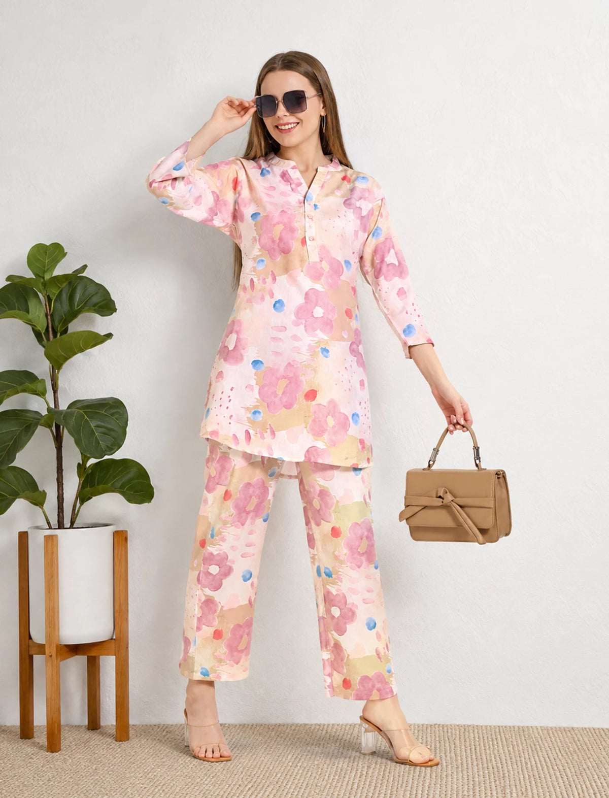 Peach Floral Rayon Co-Ord Set with Pocket - Mangai Nighties